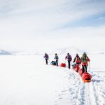 Several snowshoers hiking with pulks through the snow-covered sea ice in North Greenland