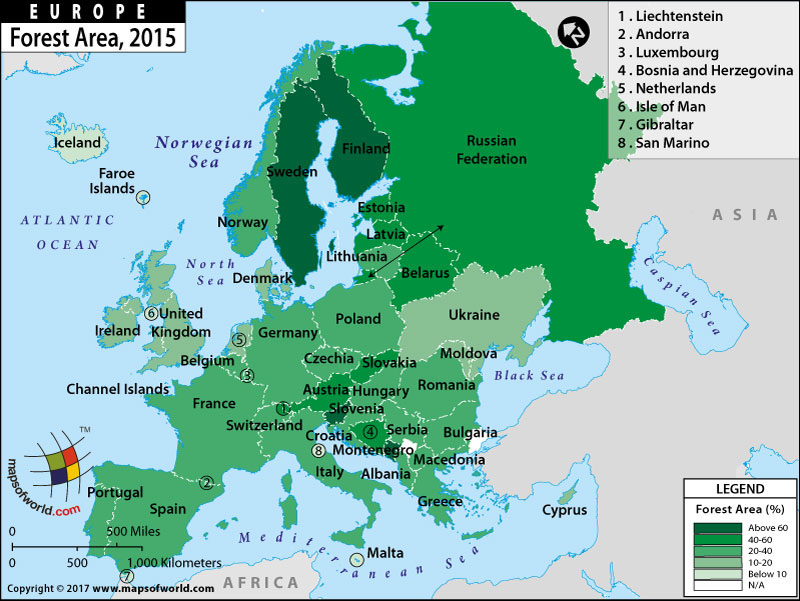 מפת אזורים מיוערים באירופה | חבלי ארץ